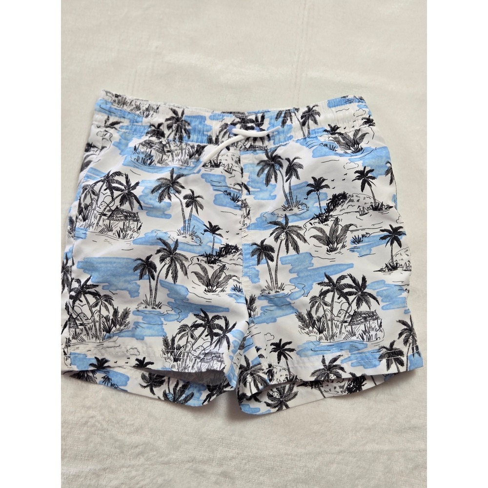 Janie and Jack Boys 3 Tropical Island Palm Tree Print Swim Trunks Blue White